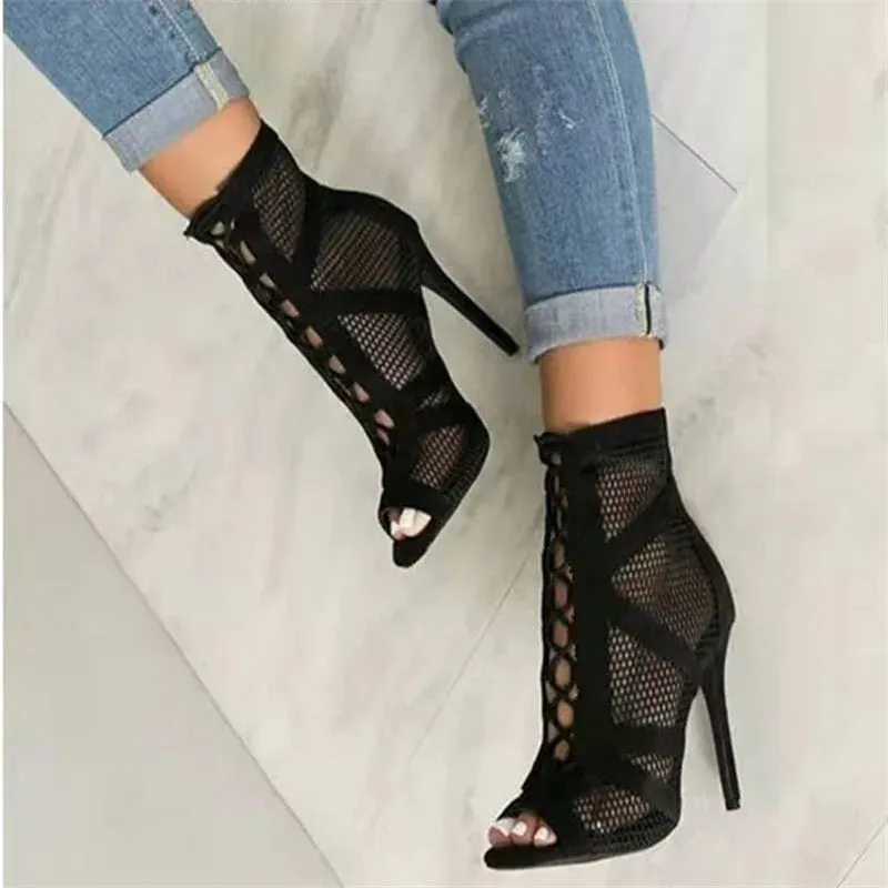 Amara - Lace-Up Mesh Stiletto Sandals