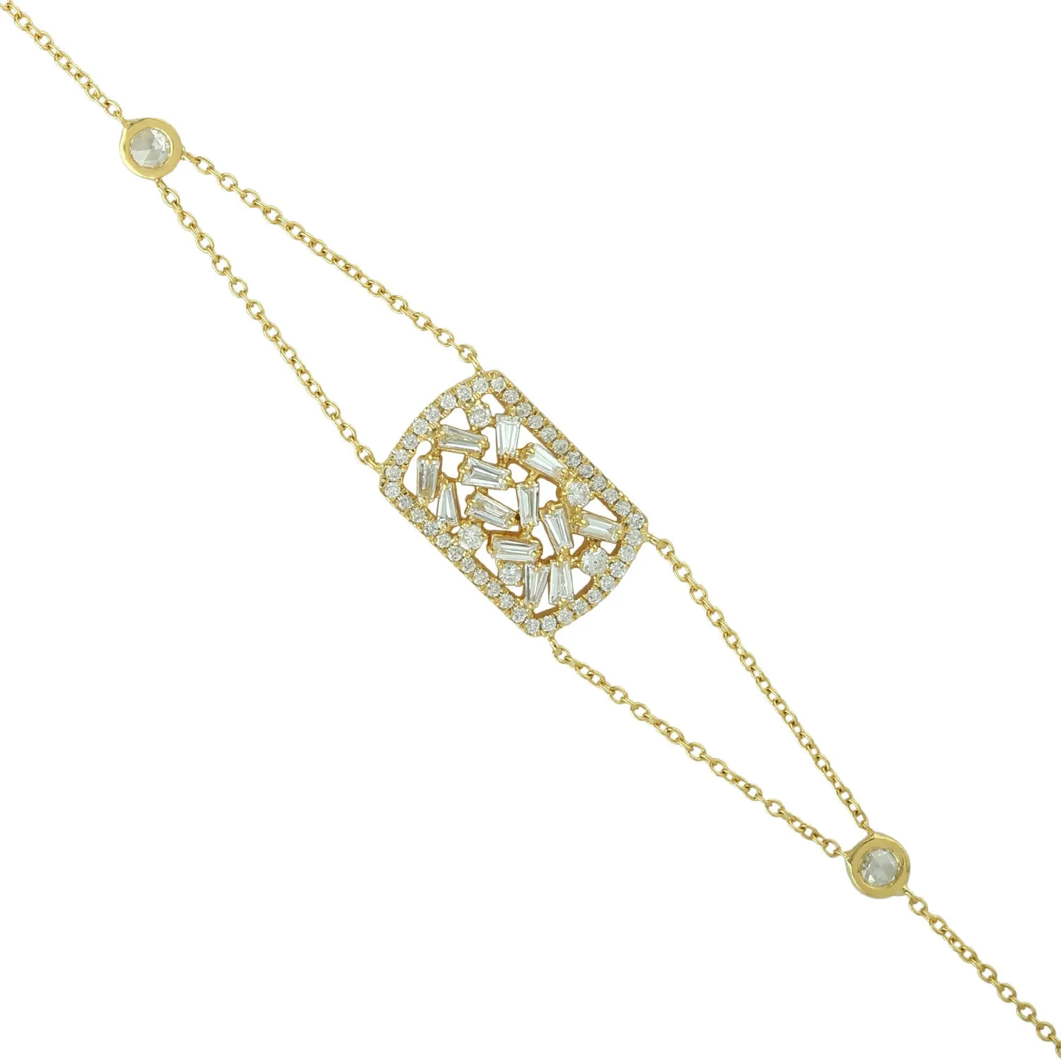 Baguette Cut Diamond Designer Fixed And Flexible Bracelet In Yellow Gold