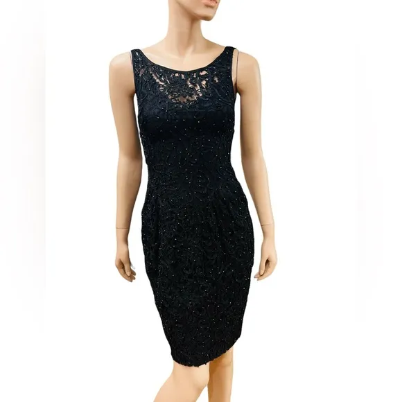 Carmen Marc Valvo Vintage Mini Black Dress Size 4 Lace Embroidered with sequins