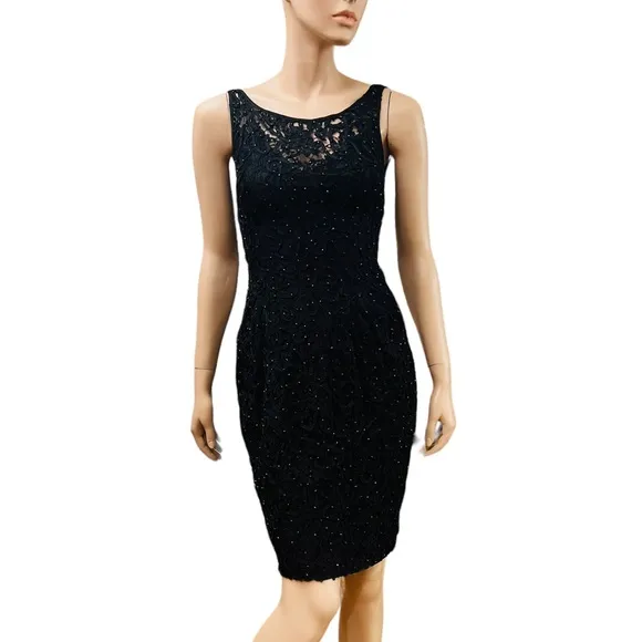 Carmen Marc Valvo Vintage Mini Black Dress Size 4 Lace Embroidered with sequins