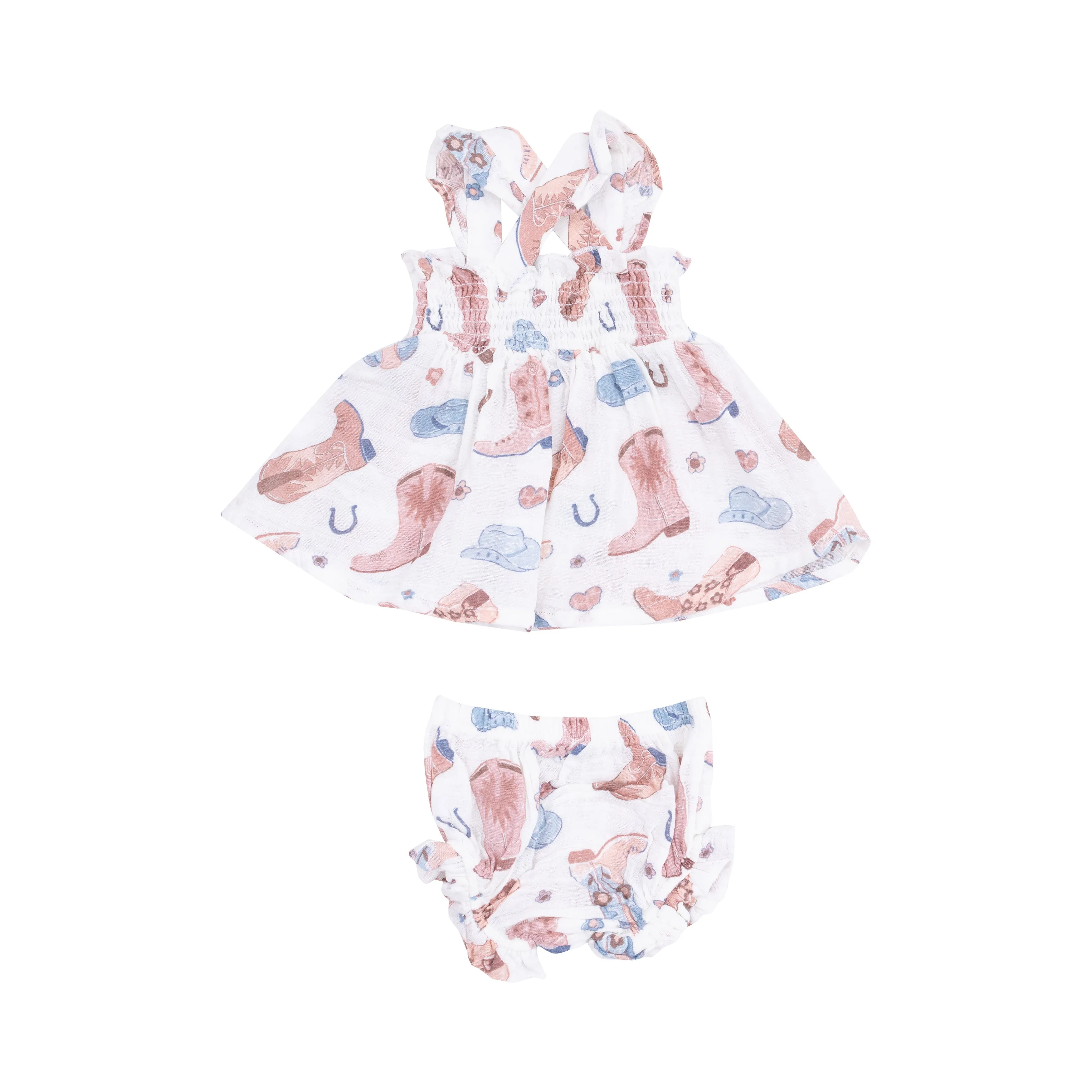 Cowgirl Boots Muslin Ruffle Strap Smocked Top and Diaper Cover