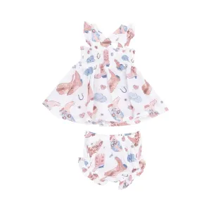 Cowgirl Boots Muslin Ruffle Strap Smocked Top and Diaper Cover