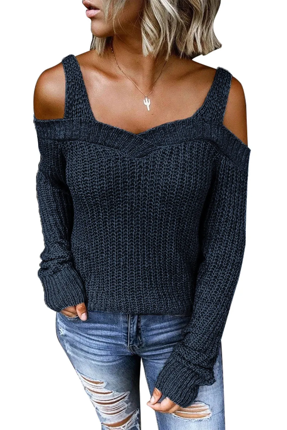 Dark Blue Dew Shoulder Juliette Knitted Sweater