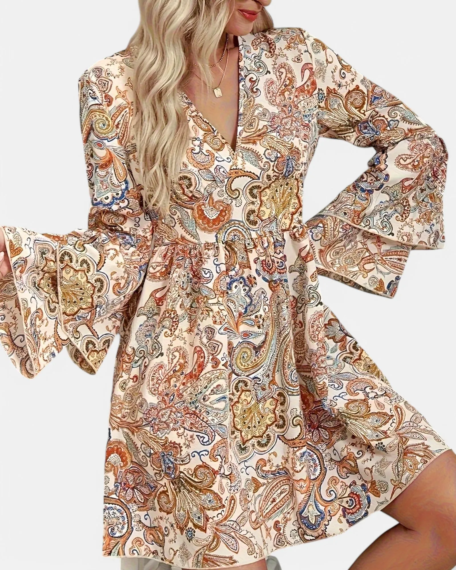 Eliza – Boho Paisley Print A-line Dress with Flared Sleeves