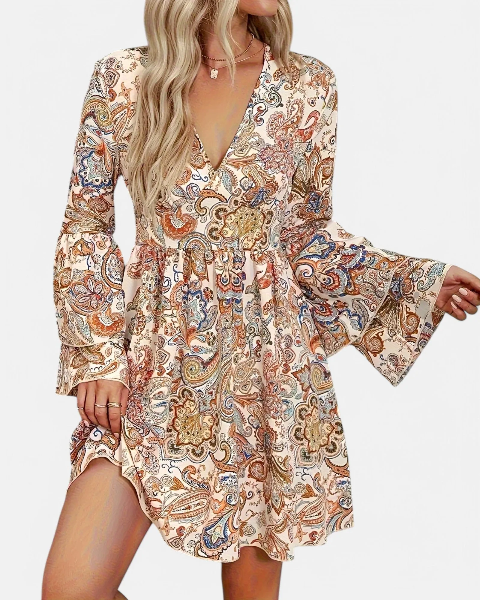 Eliza – Boho Paisley Print A-line Dress with Flared Sleeves