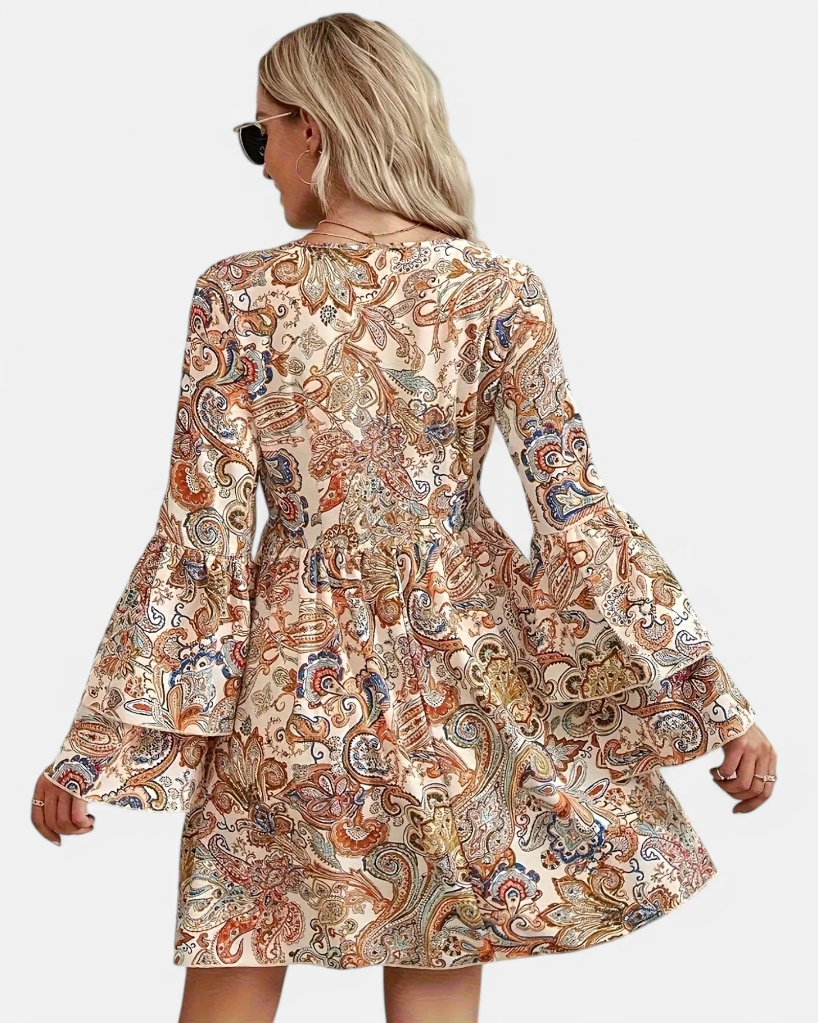 Eliza – Boho Paisley Print A-line Dress with Flared Sleeves