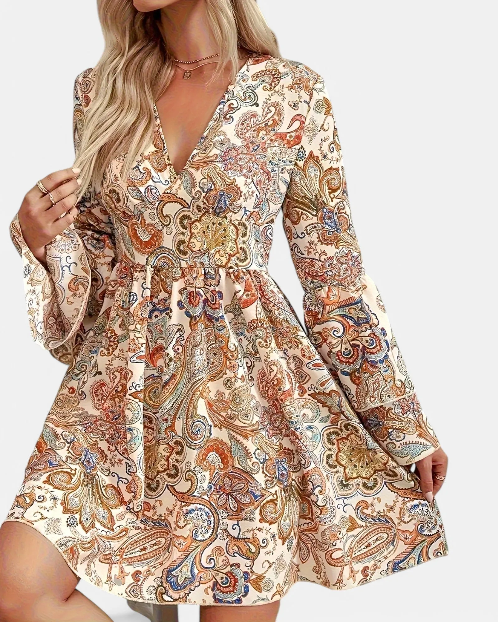 Eliza – Boho Paisley Print A-line Dress with Flared Sleeves