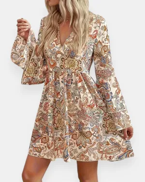 Eliza – Boho Paisley Print A-line Dress with Flared Sleeves