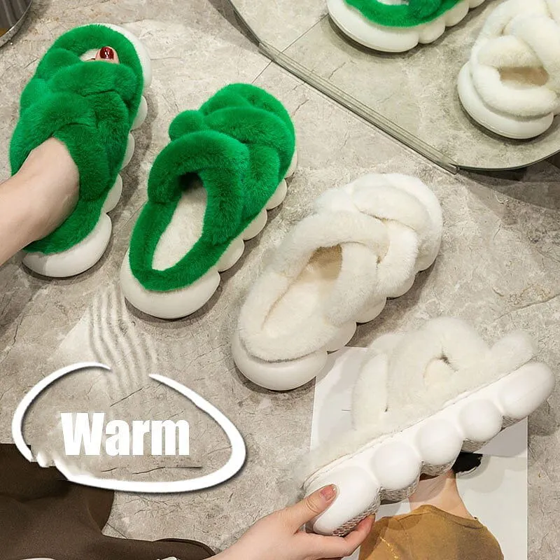 Faux Fur Thick Bottom Slippers Fluffy Warm Plush Slides