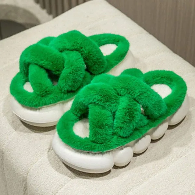 Faux Fur Thick Bottom Slippers Fluffy Warm Plush Slides
