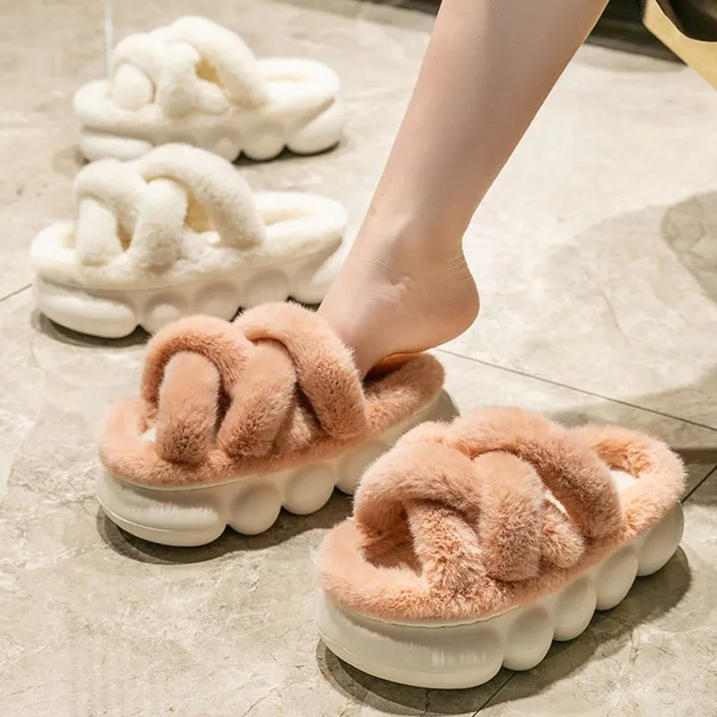 Faux Fur Thick Bottom Slippers Fluffy Warm Plush Slides