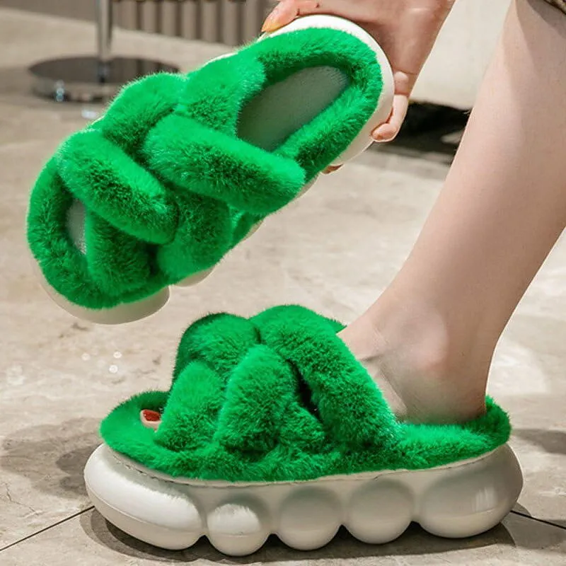Faux Fur Thick Bottom Slippers Fluffy Warm Plush Slides