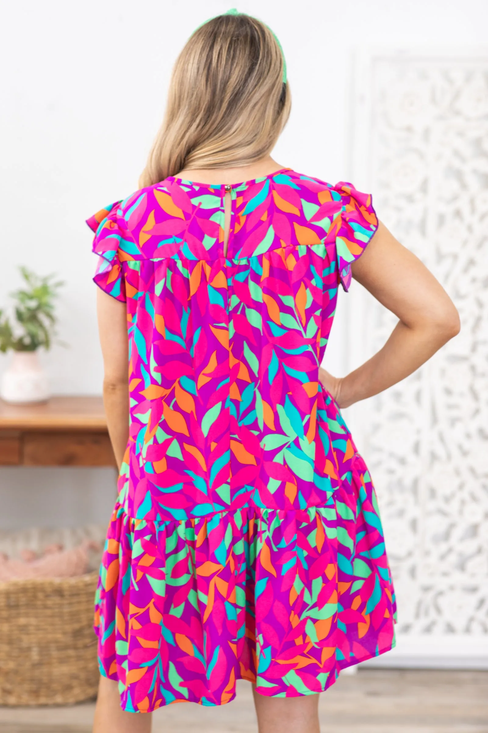 Fuchsia Multicolor Leaf Print Woven Dress