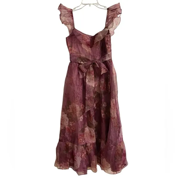 Lulus Plum Floral Organza Off-the-Shoulder Midi Dress Size S Coquette Fairy NWOT