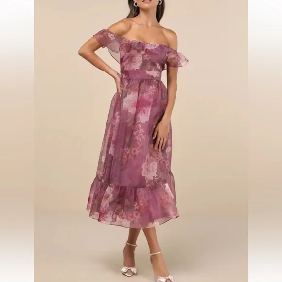 Lulus Plum Floral Organza Off-the-Shoulder Midi Dress Size S Coquette Fairy NWOT