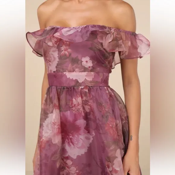 Lulus Plum Floral Organza Off-the-Shoulder Midi Dress Size S Coquette Fairy NWOT