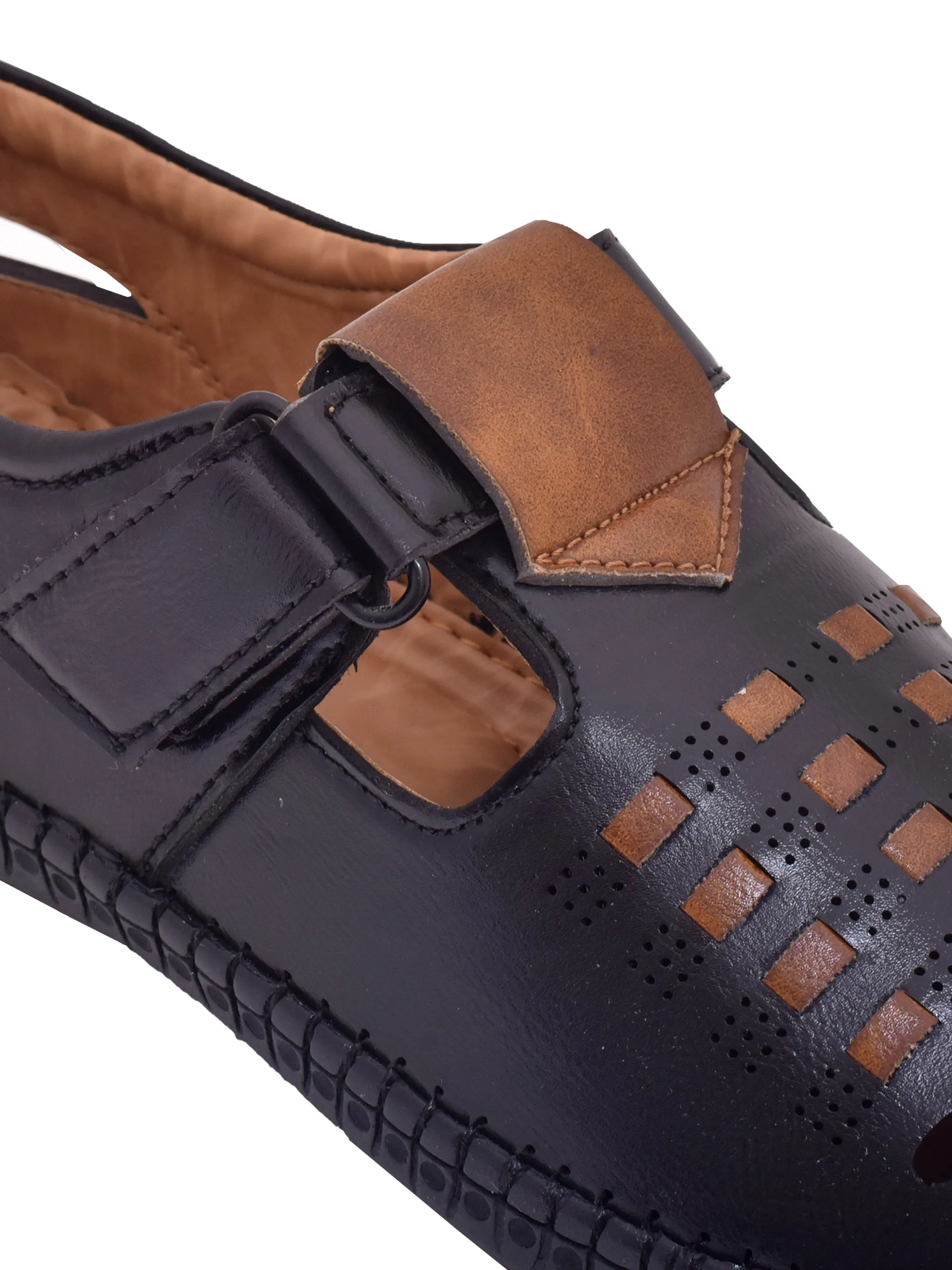 Men Black  Brown Vegan Shoe-Style Ethnic Sandals (OMCS-02-BLACK)