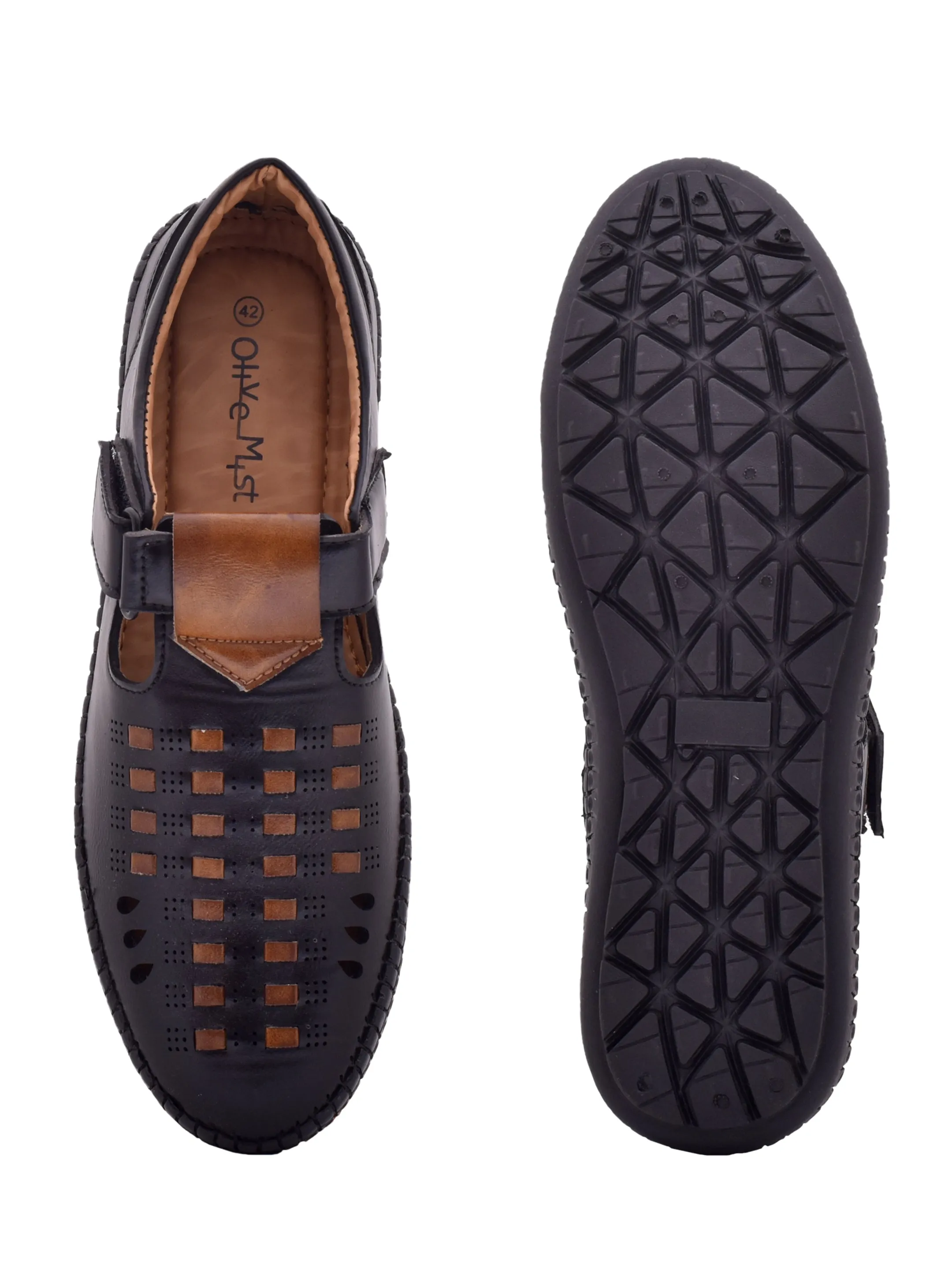 Men Black  Brown Vegan Shoe-Style Ethnic Sandals (OMCS-02-BLACK)