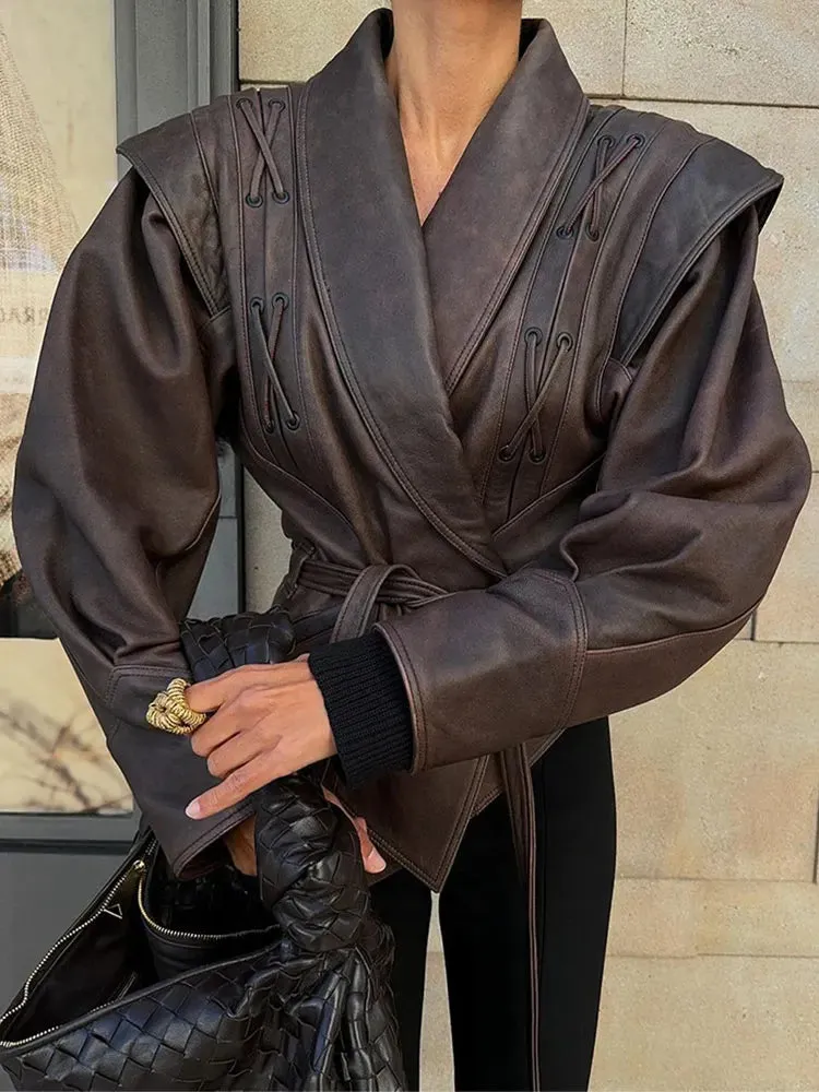 New Fashion Faux Leather Women's Short Jacket With Belt Turn Down Collar Long Sleeve Motorcycle Coat Warm Outerwear
