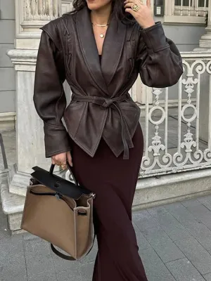 New Fashion Faux Leather Women's Short Jacket With Belt Turn Down Collar Long Sleeve Motorcycle Coat Warm Outerwear