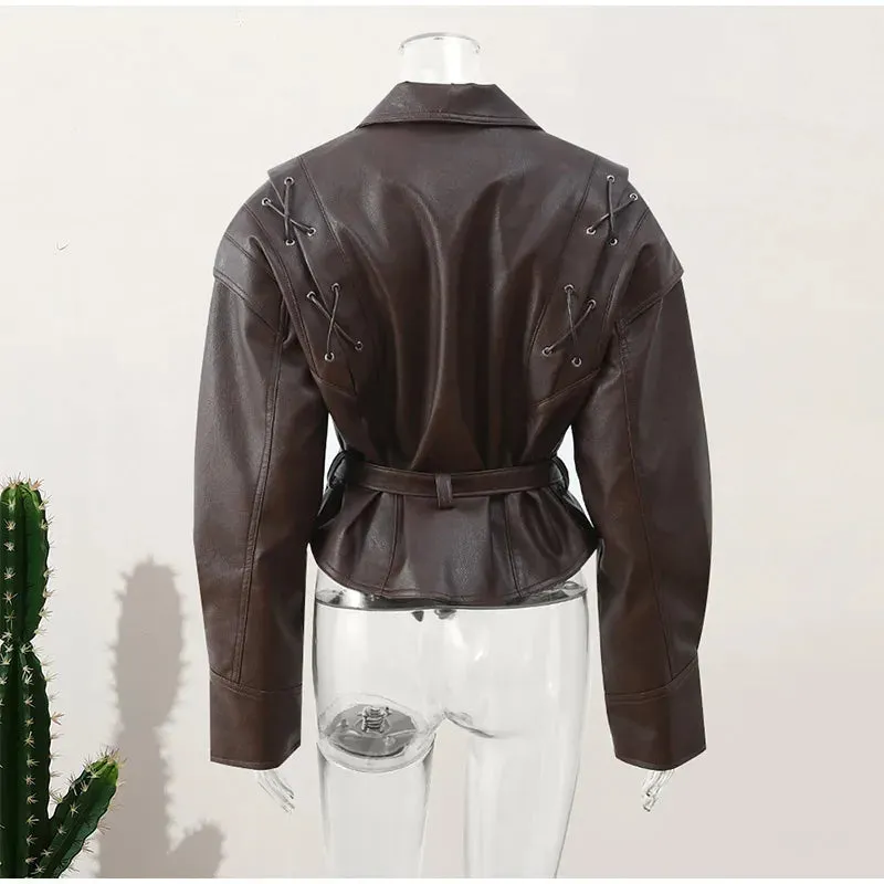 New Fashion Faux Leather Women's Short Jacket With Belt Turn Down Collar Long Sleeve Motorcycle Coat Warm Outerwear