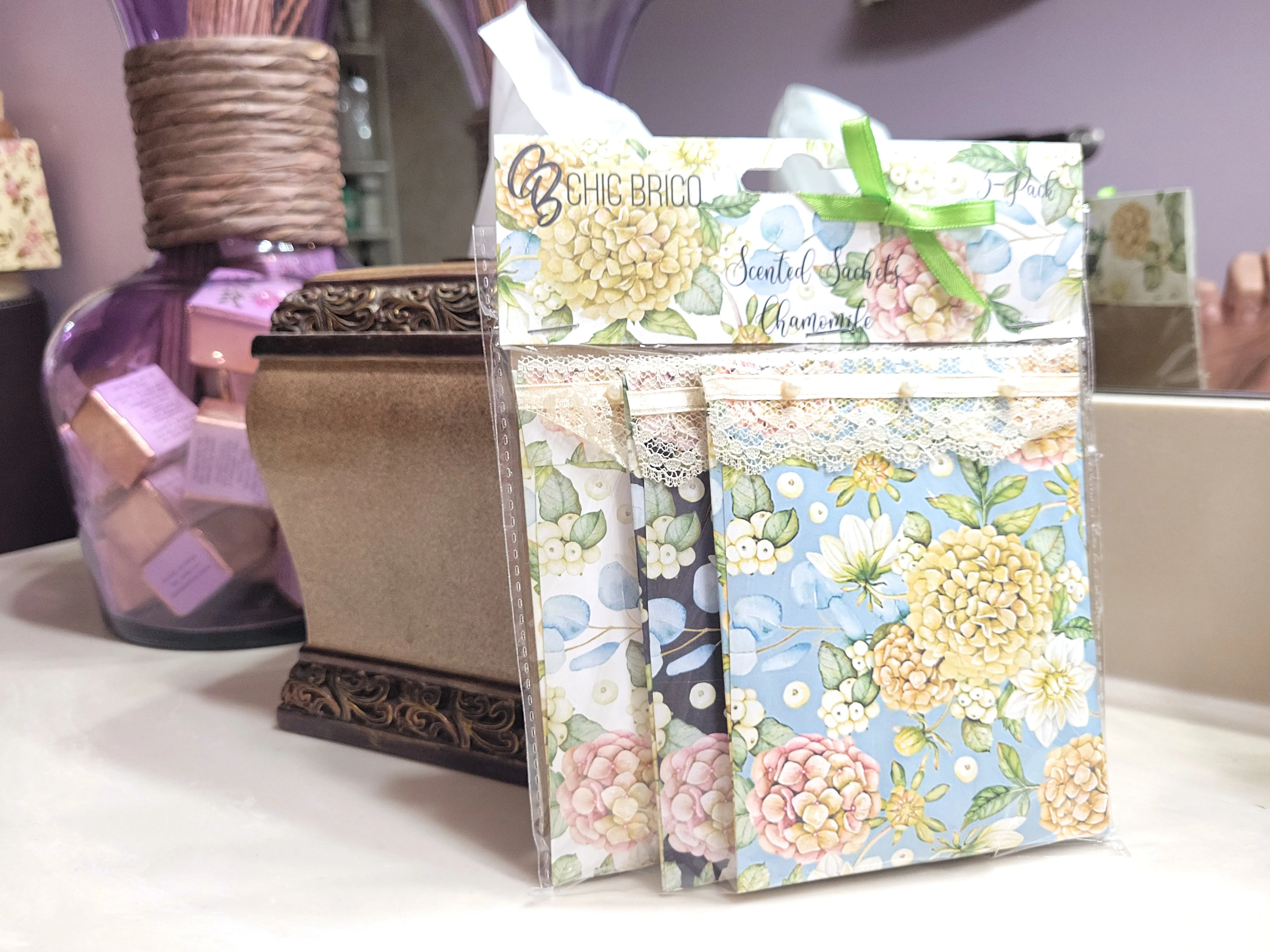 Pearls & Lace Chamomile Scented Drawer, Closet & Car Sachets, Large Size 4" x 5", 3-Pack