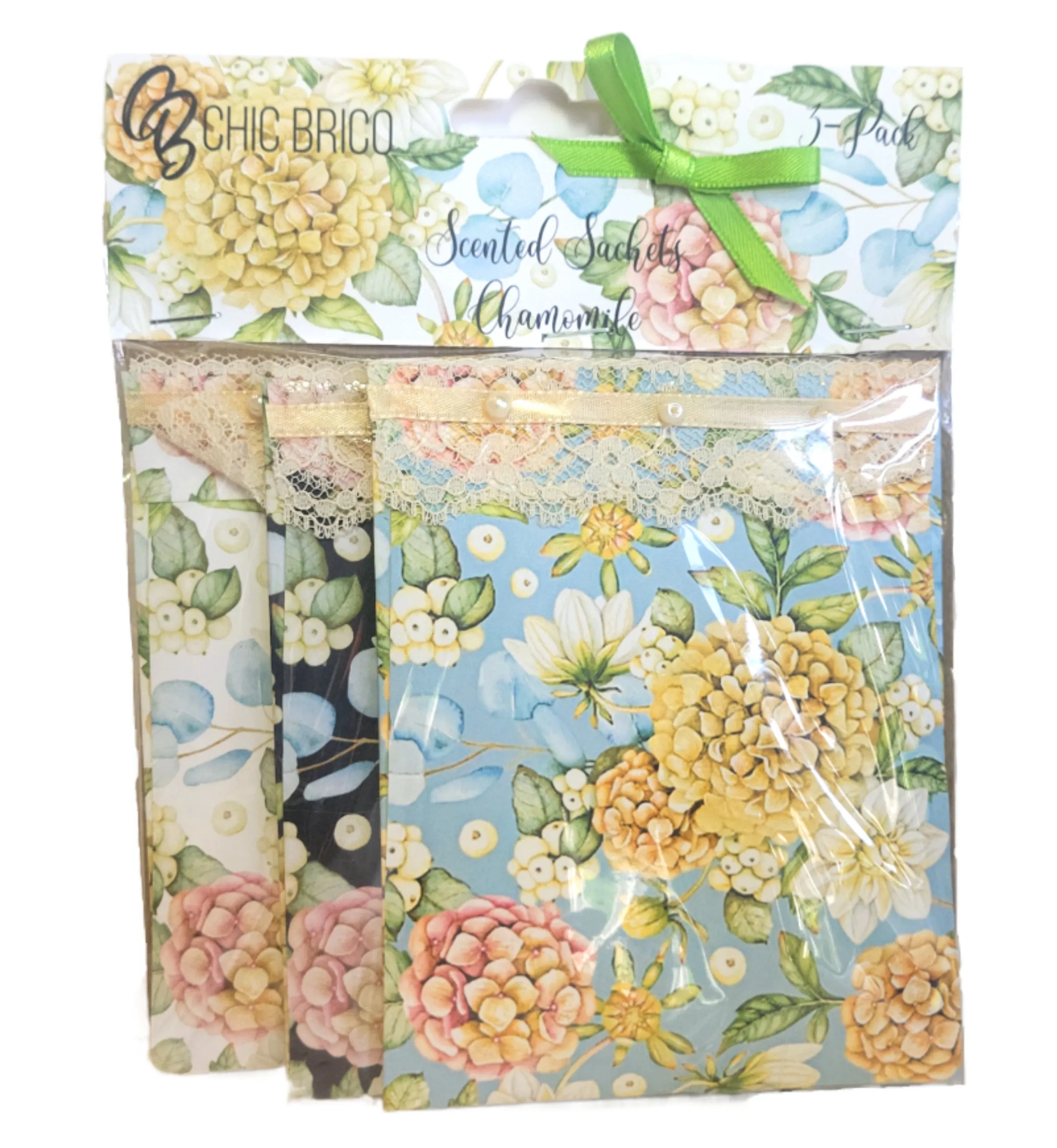 Pearls & Lace Chamomile Scented Drawer, Closet & Car Sachets, Large Size 4" x 5", 3-Pack