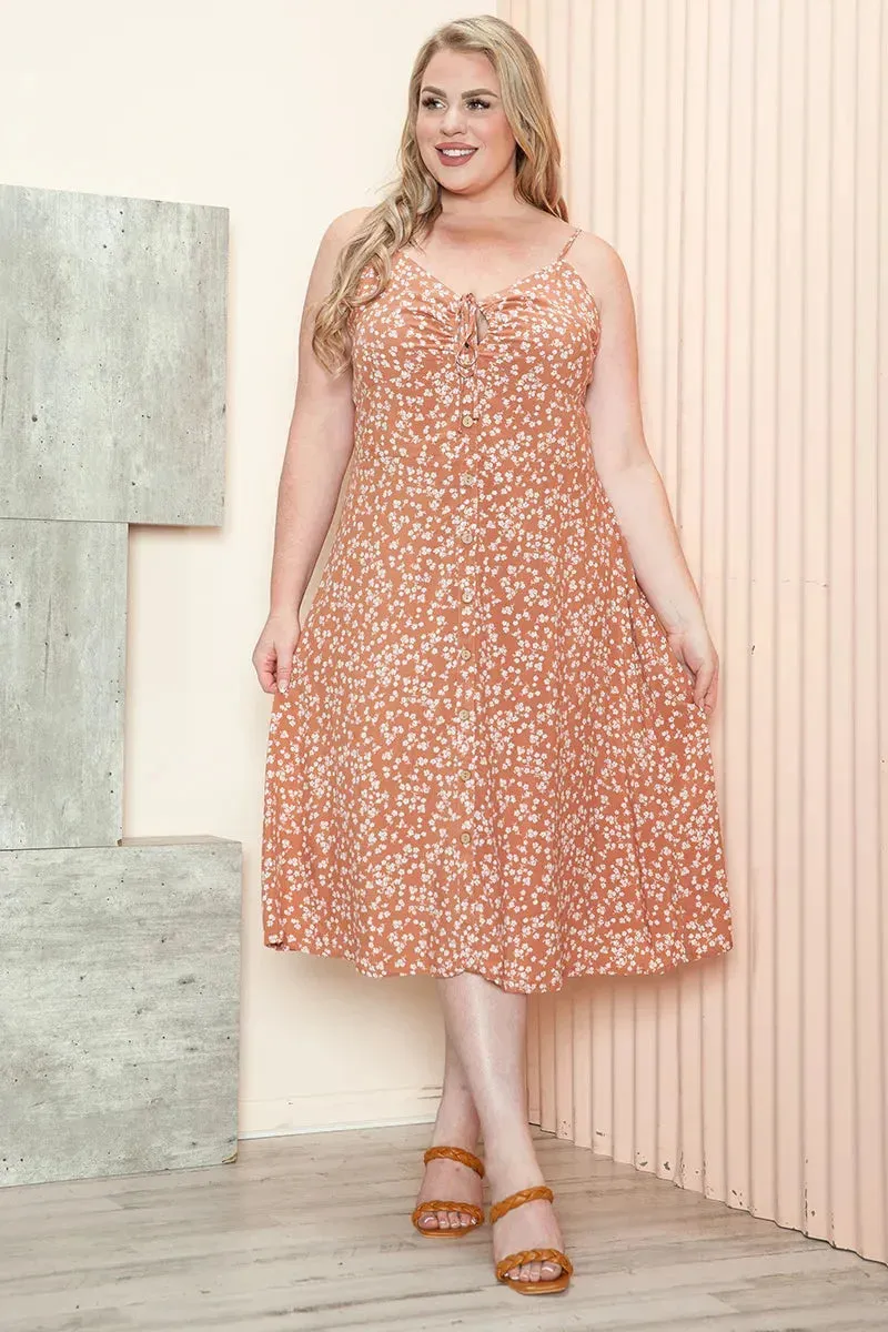 Plus Size Terracotta Floral Button Front Spaghetti Strap Midi Dress