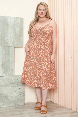 Plus Size Terracotta Floral Button Front Spaghetti Strap Midi Dress