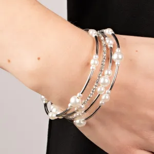 "Marina Masterpiece" White Pearls & Rhinestone with Silver Bars Flexible COIL Bracelet.