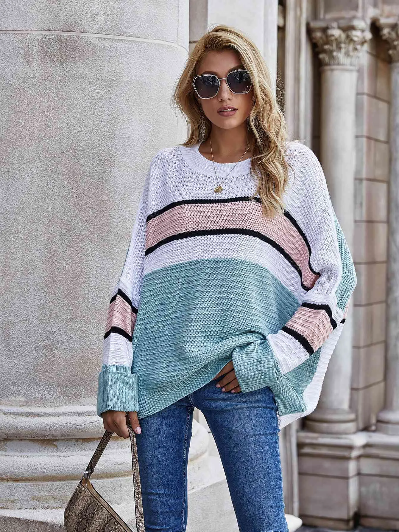 Rayvin Woven Right Striped Horizontal Ribbing Long Sleeve Tunic Sweater