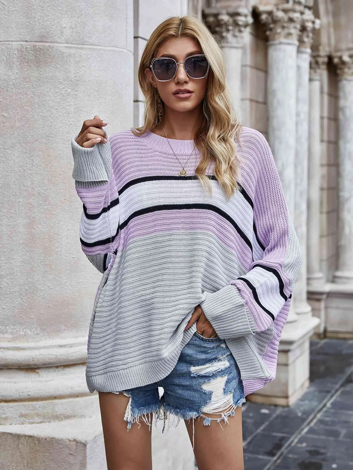 Rayvin Woven Right Striped Horizontal Ribbing Long Sleeve Tunic Sweater