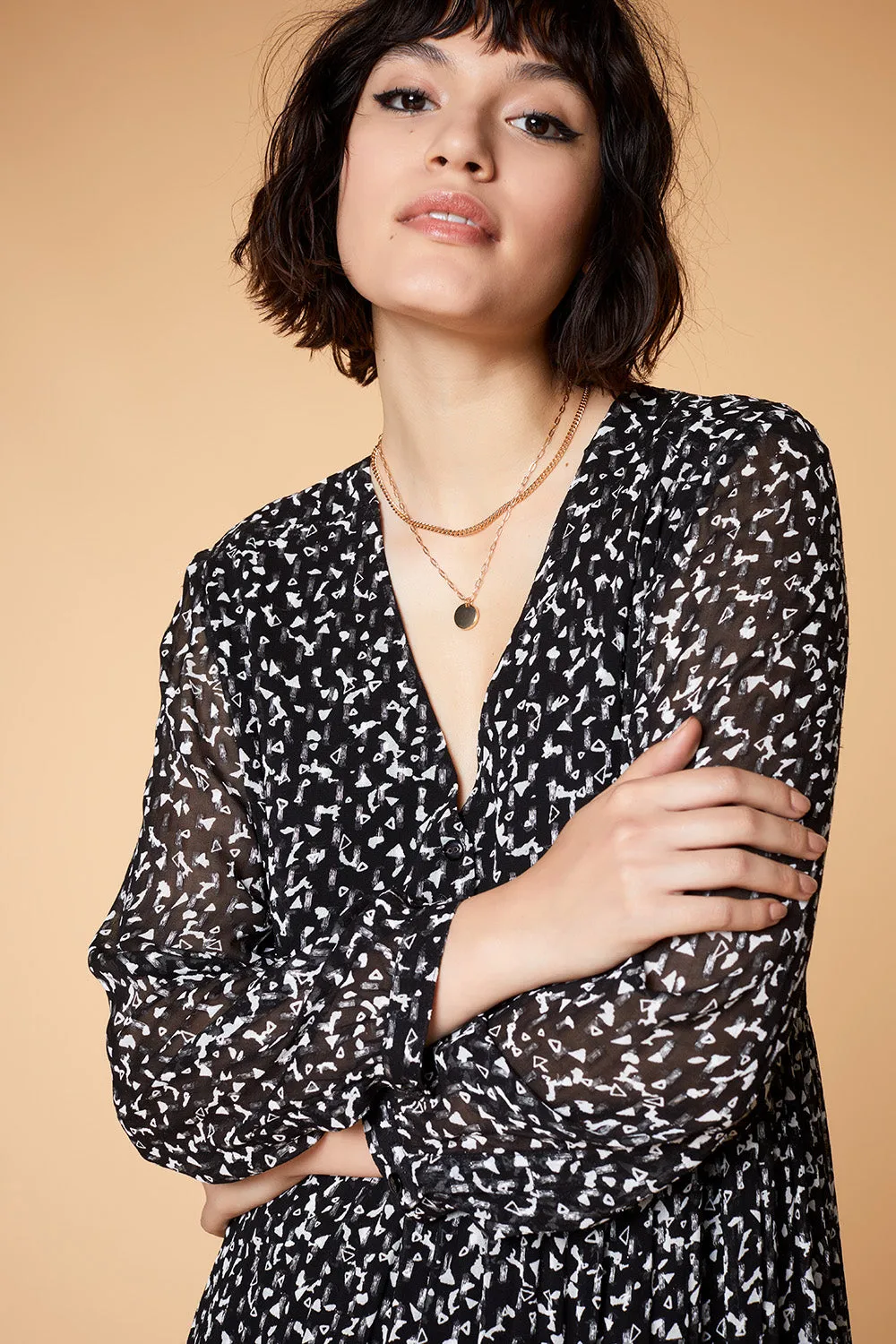 REVA - Robe midi noire à imprimé éclat