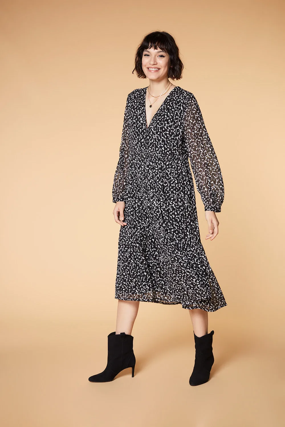 REVA - Robe midi noire à imprimé éclat