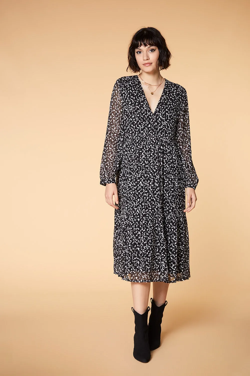 REVA - Robe midi noire à imprimé éclat