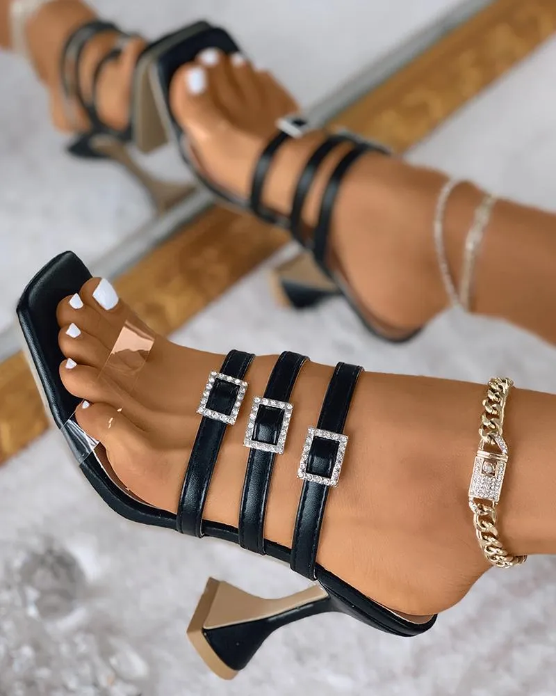 Rhinestone Buckled Clear Strap Pyramid Heels