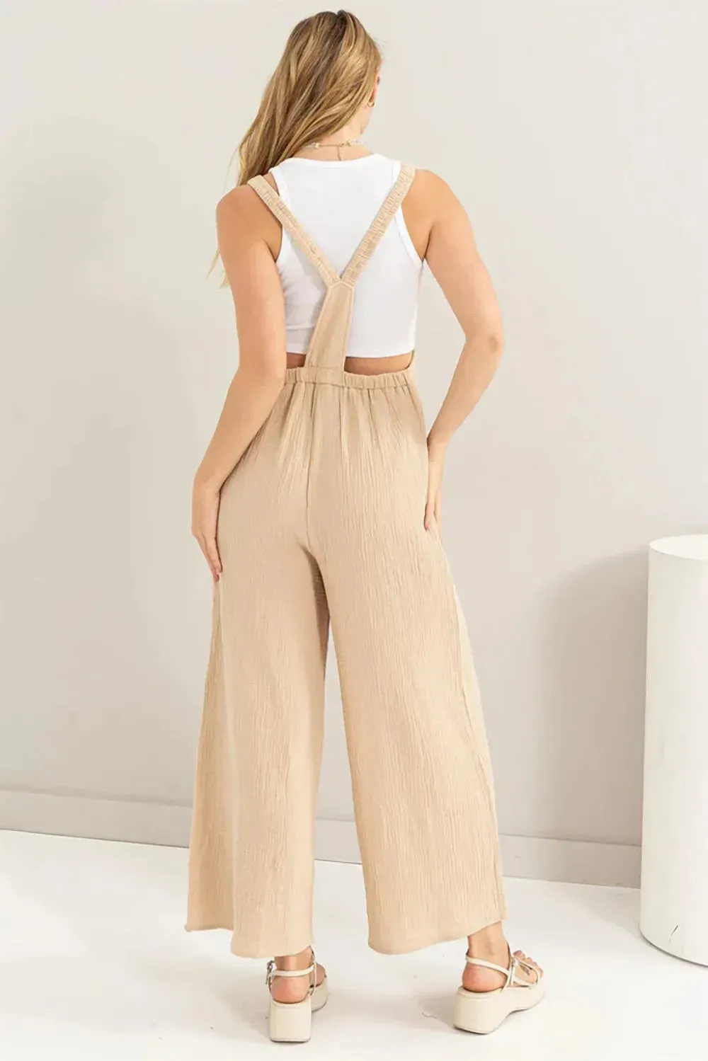Sand Cotton Gauze Wide Leg Adjustable Straps Pockets Overall Jumpsuit