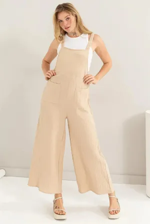 Sand Cotton Gauze Wide Leg Adjustable Straps Pockets Overall Jumpsuit