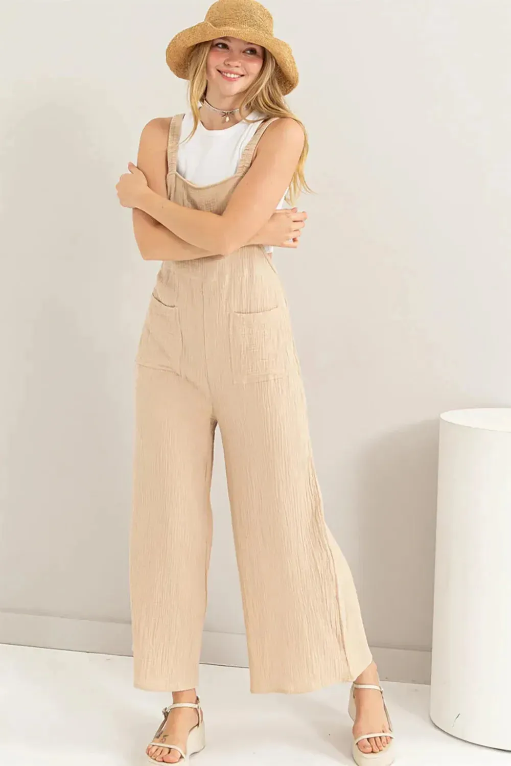 Sand Cotton Gauze Wide Leg Adjustable Straps Pockets Overall Jumpsuit