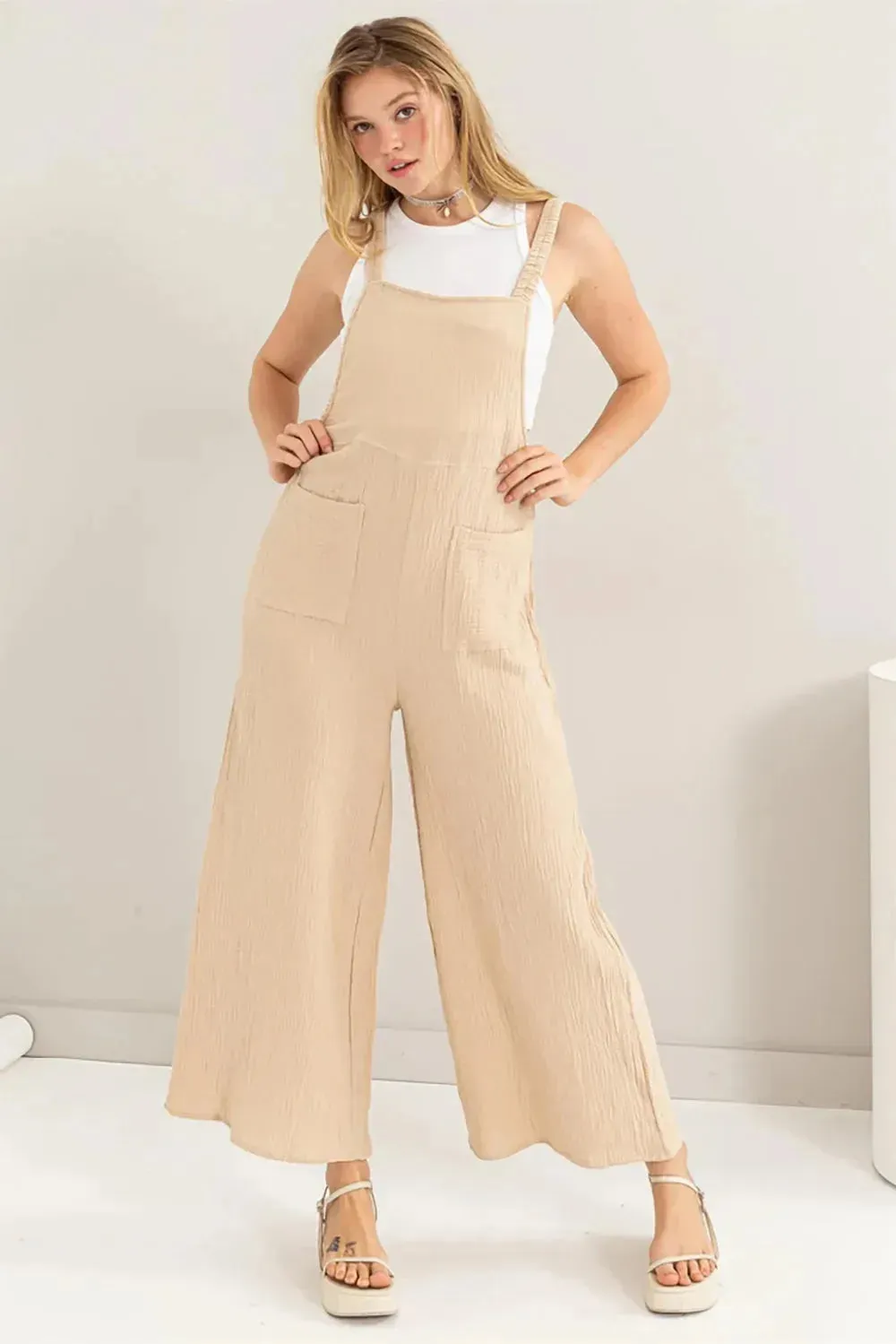Sand Cotton Gauze Wide Leg Adjustable Straps Pockets Overall Jumpsuit