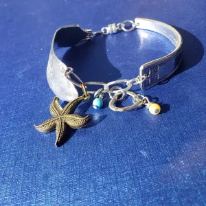 Vintage Sterling Silver Flatware Bracelet with Starfish & Turquoise Howlite - Handmade Jewelry