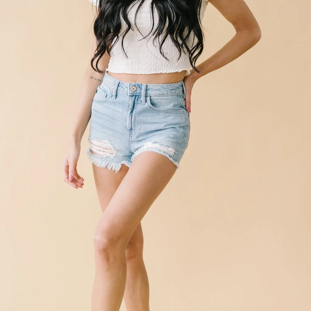 Wildest Dreams Destroyed Hem Kancan Shorts in Light Wash