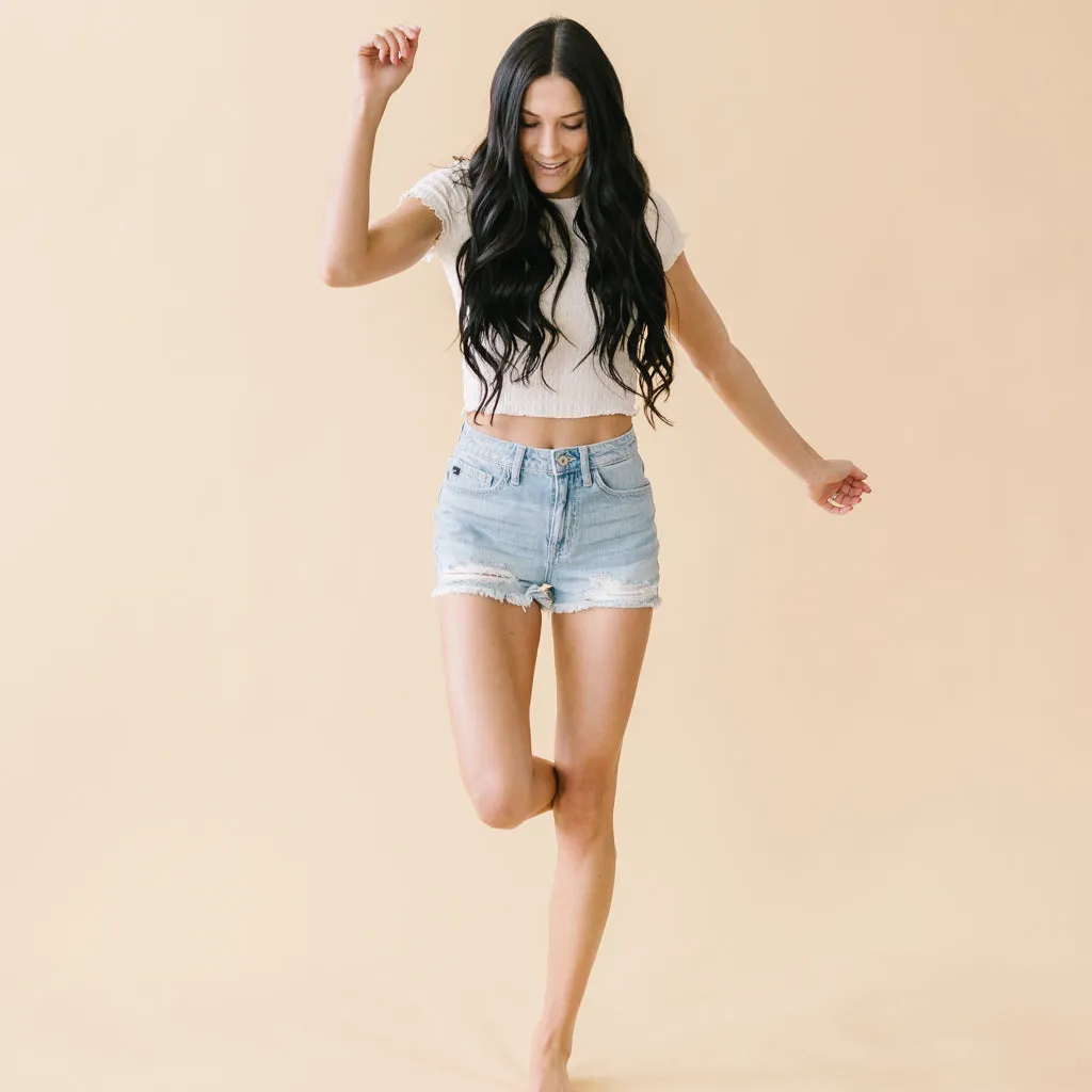 Wildest Dreams Destroyed Hem Kancan Shorts in Light Wash