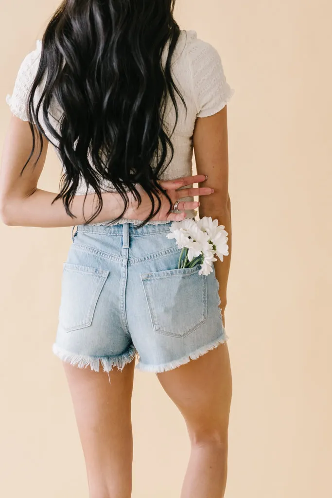 Wildest Dreams Destroyed Hem Kancan Shorts in Light Wash