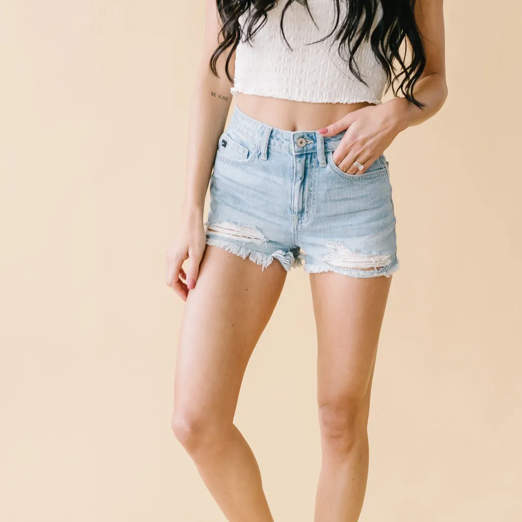 Wildest Dreams Destroyed Hem Kancan Shorts in Light Wash