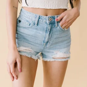 Wildest Dreams Destroyed Hem Kancan Shorts in Light Wash