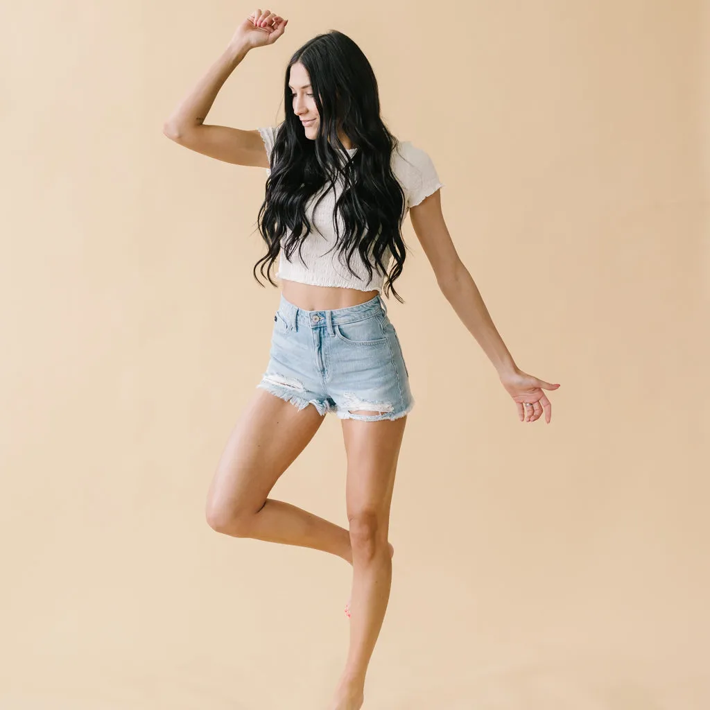 Wildest Dreams Destroyed Hem Kancan Shorts in Light Wash