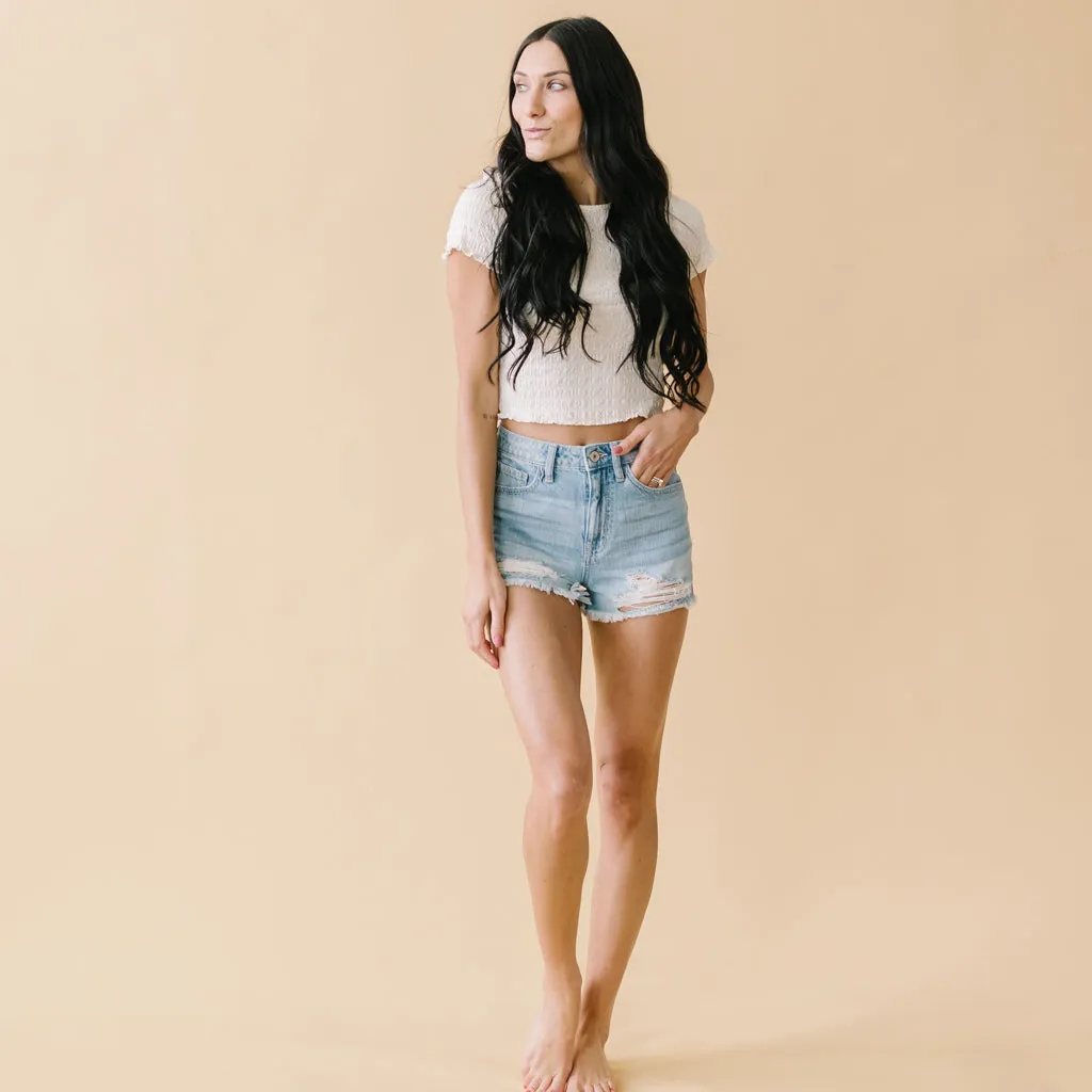 Wildest Dreams Destroyed Hem Kancan Shorts in Light Wash