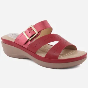 Women "BRIELLE" Perforated Strap Open Toe Buckled Wedge Comfort Slippers