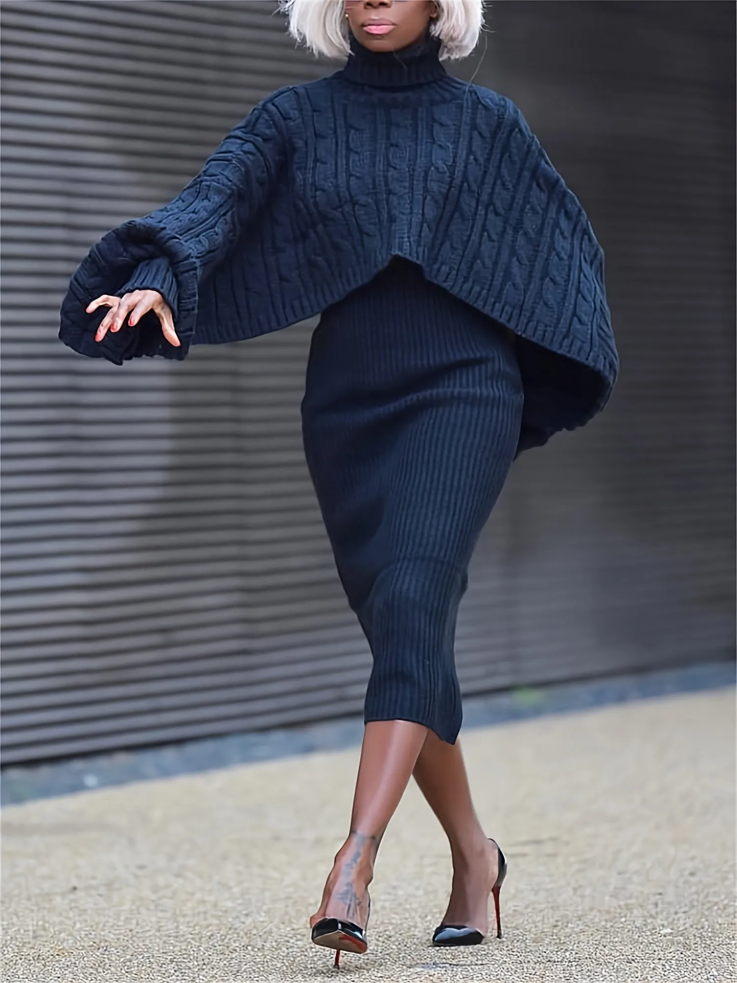 Womens Chic Sweater Dress Set High Neck Cape Sleeves